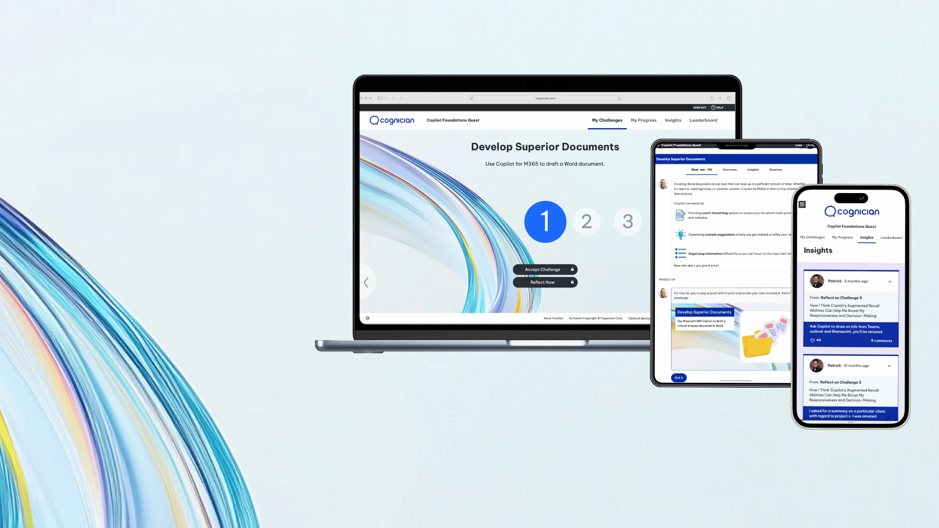 Copilot Adoption Quest - a digital program shown on different devices including challenges and insights