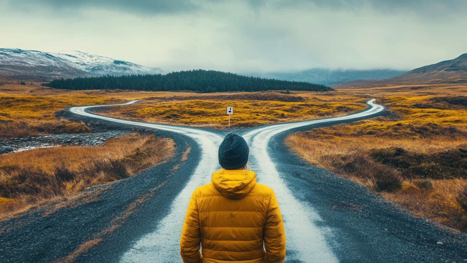 This image shows a person standing at a fork in the road, wearing a bright yellow winter jacket and a dark beanie hat, viewed from behind. They are facing two diverging paths on what appears to be a rural or mountain road. The landscape features autumn-colored grasslands or moorland, with snow-capped mountains and evergreen forests in the background. The roads are gravel or partially paved, creating a Y-shaped intersection. The scene has moody, overcast skies and appears to be set in a remote, possibly Scottish or Nordic landscape. The composition symbolically represents decision-making or life choices, with the person contemplating which path to take. 