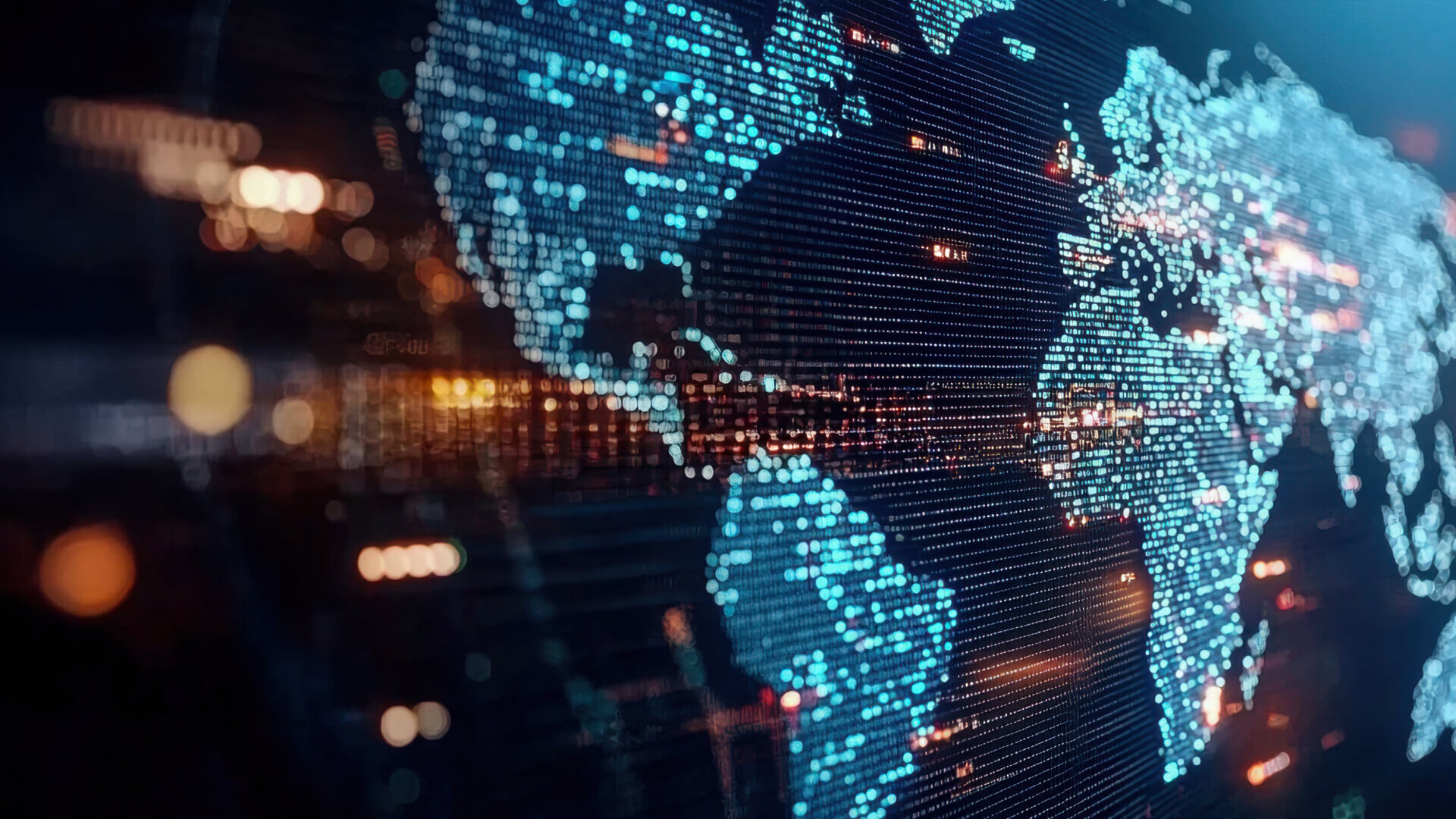 This image shows a digital visualization of a world map created using dots and data points, displayed in a futuristic style. The map is rendered in bright cyan/turquoise blue lights against a dark background, with some orange/warm light elements creating contrast. The visualization appears to be made up of small dots and digital elements, suggesting a technological or data-driven representation of global connectivity or worldwide digital networks.