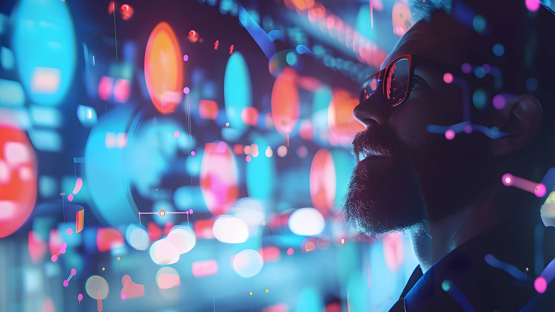 This image depicts a man wearing sunglasses, standing in a vibrant, colorful setting. The background is filled with blurred, glowing lights in various hues of blue, pink, and orange, creating a dreamy, nightclub-like atmosphere. The man's profile is partially visible, with his facial features obscured by the sunglasses. The overall scene has a futuristic, neon-infused aesthetic, suggesting a high-tech or entertainment-focused environment.