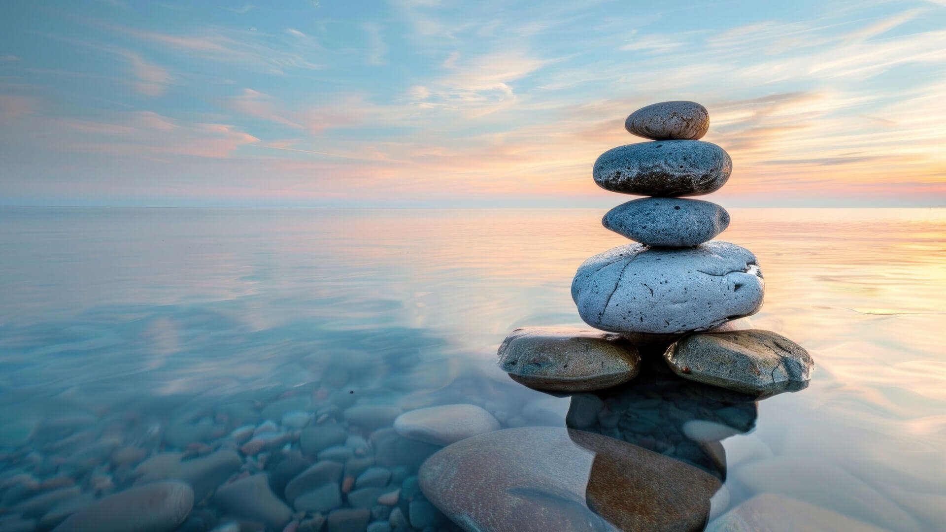 A stack of smooth stones balanced on a rocky beach at sunset. The stones are carefully arranged from largest at the bottom to smallest at the top, creating a zen-like cairn. The background shows a calm body of water reflecting pastel colors from the sunset sky, with soft pink and orange hues blending into light blue.