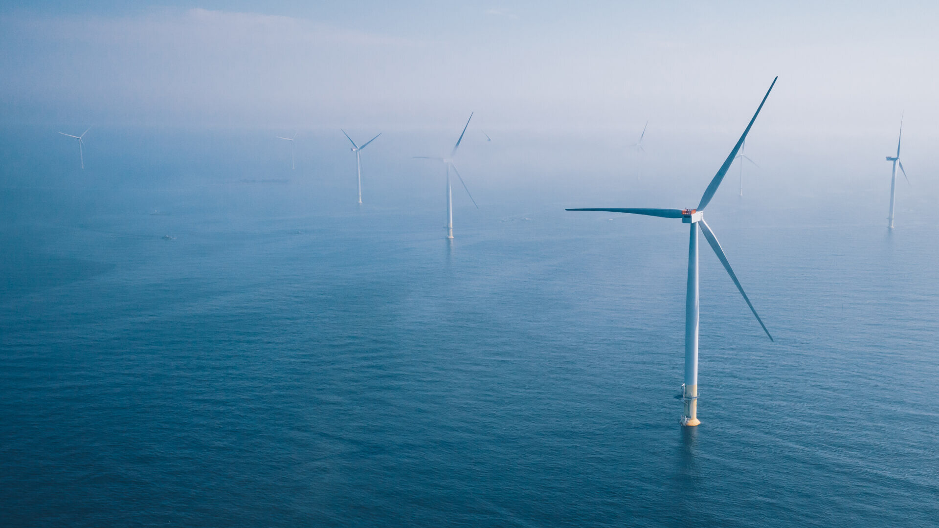 This image shows an offshore wind farm with multiple large wind turbines installed in the ocean. In the foreground, there's a prominent white wind turbine with three blades, and several more turbines can be seen fading into the misty distance. The turbines are standing in deep blue water, and the image has a cool, blue-toned atmosphere.