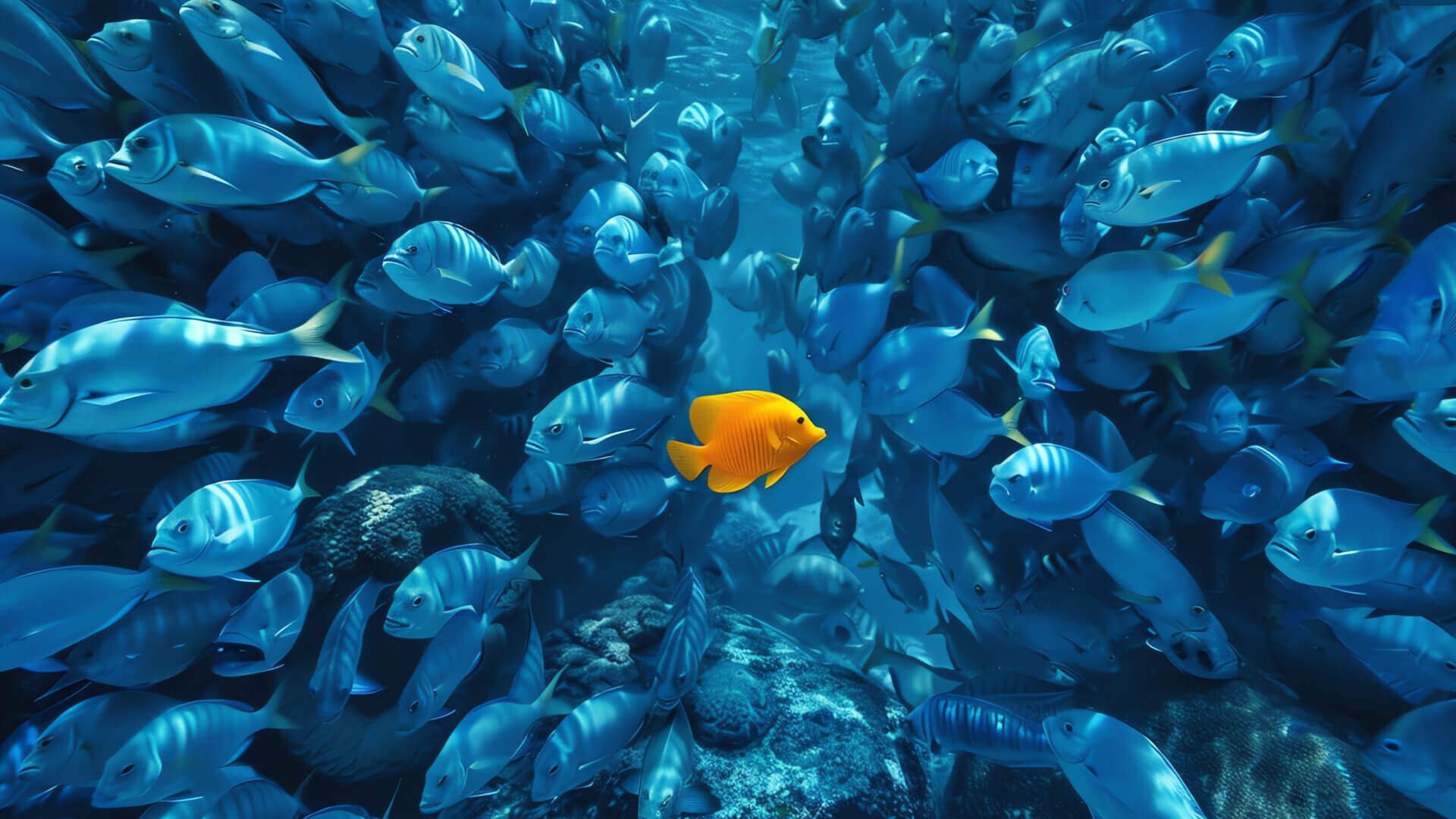 This image shows a striking underwater scene where a single bright yellow/orange fish stands out among a large school of blue fish. The composition creates a powerful visual metaphor for standing out from the crowd or being different. The orange fish appears to be a tropical species, possibly a yellow tang or butterflyfish, while the blue fish appear to be a different species swimming in a dense school. There are some coral formations visible at the bottom of the frame.